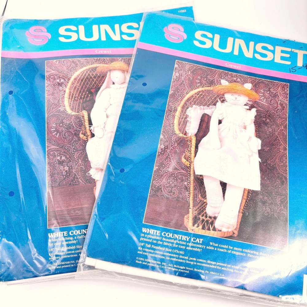 Vintage Sunset Set of 2 White Country Stuffed Bunny & Cat Kits Cottagecore Craft